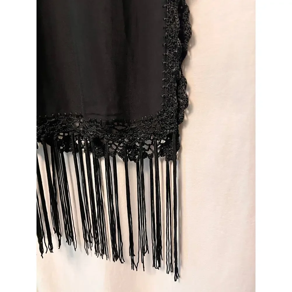 Vintage black sheer mesh lace tassel fringe scarf wrap shawl goth dark romantic